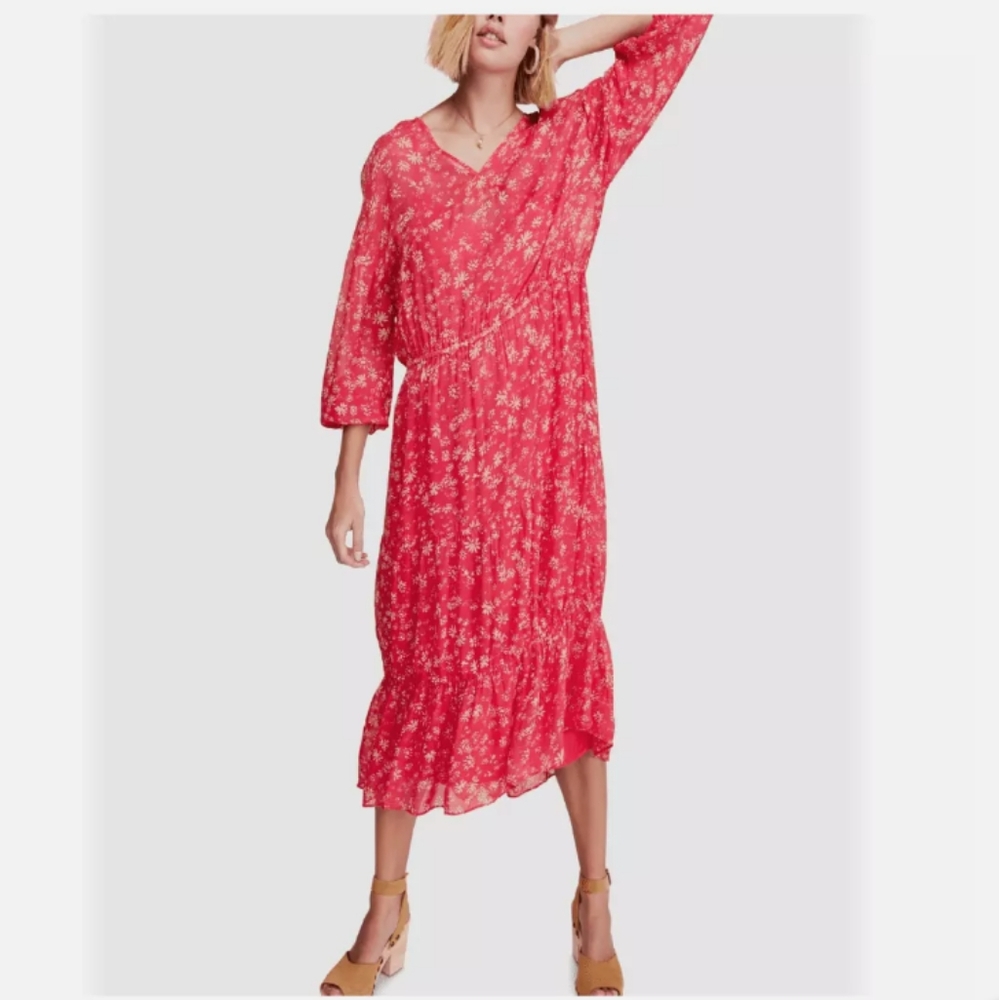 Wallflower Floral Print Sheer Midi Dress - Raspberry Combo (XS)